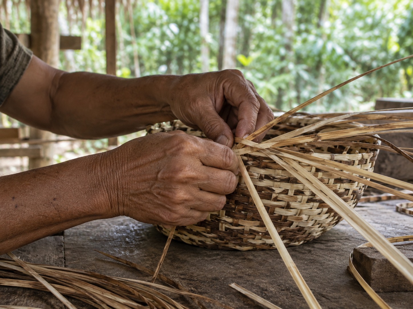 Imagen conceptual de unas manos entrelazando fibras naturales para formar una cesta