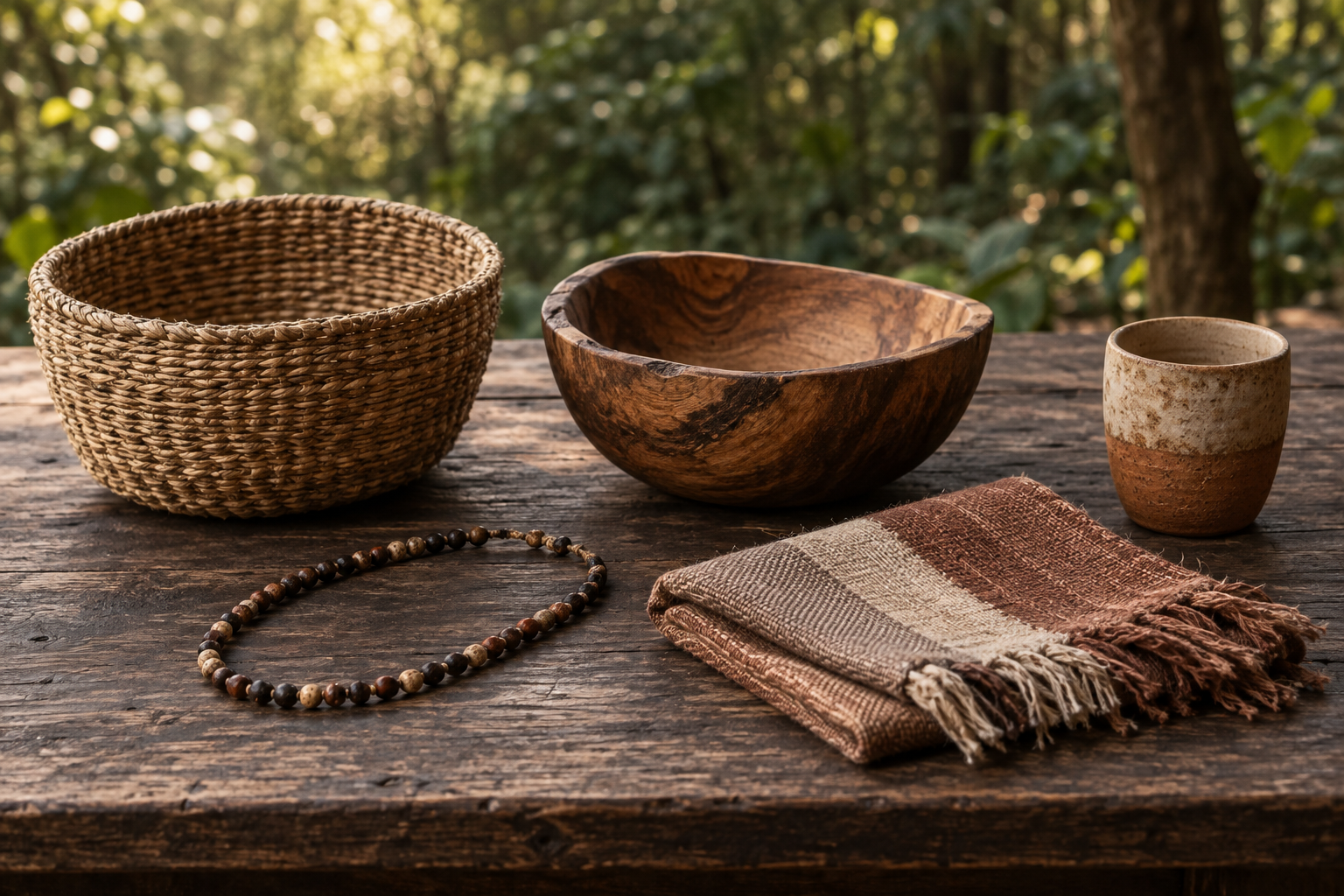 Imagen conceptual con cinco productos artesanales provisionales sobre una mesa de madera